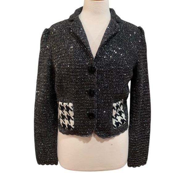 Dolce & Gabbana Sweaters - Dolce & Gabbana grey knit sequin cropped cardigan w/houndstooth pockets size L